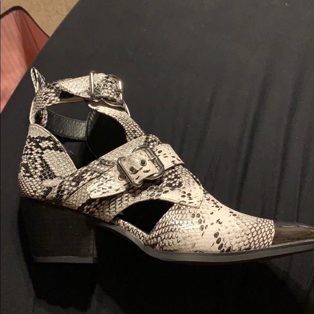 snake print metal toe cut out booties